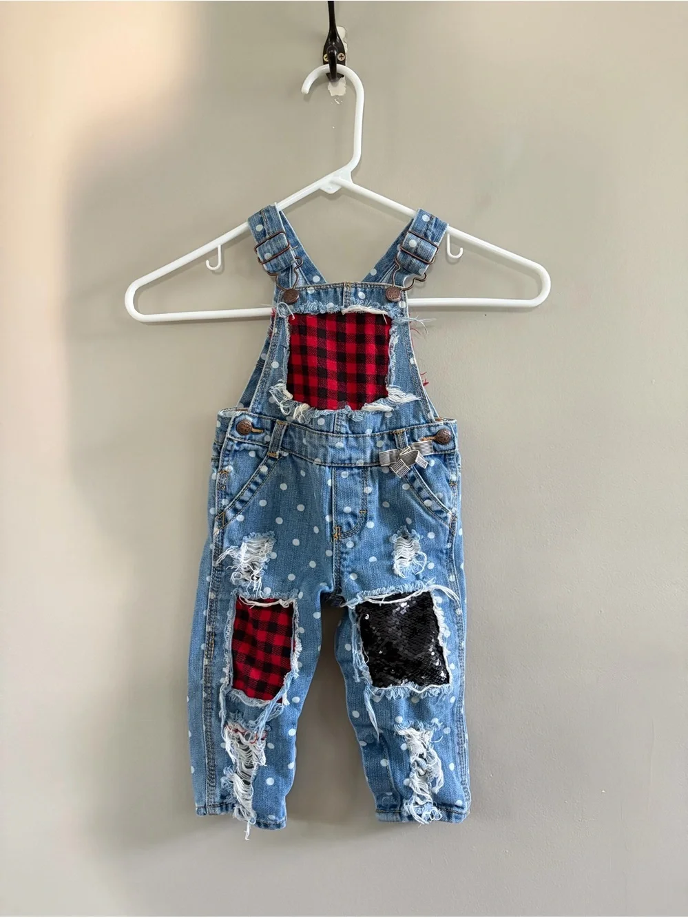 Oshkosh B’Gosh Girls denim overalls patchwork plaid sequin 12 month